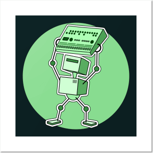 Robot Holding Drum Machine Green Tint Posters and Art